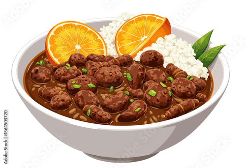 Bowl of rice and beans with orange slices and green herbs  