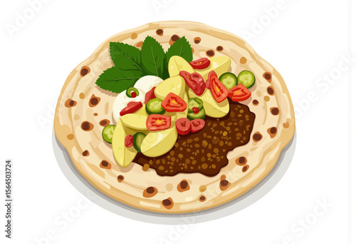 Flatbread with vegetables, sauce, and fresh herbs on white background  