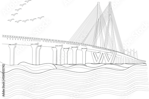 Minimalist vector line art of Bandra Worli Sea Link in Mumbai, India, showcasing its famous architecture, the sea, and birds.