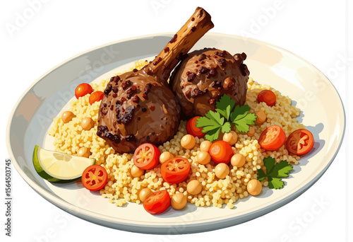 Delicious chicken drumsticks served with couscous and cherry tomatoes  