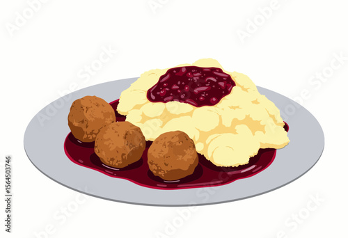 Meatballs with mashed potatoes and lingonberry sauce on plate  