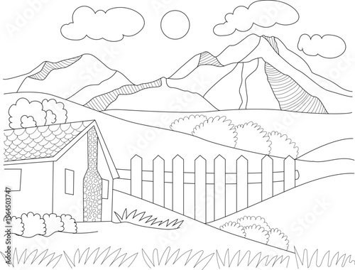 Outline illustration of a serene mountain landscape with a charming house, picket fence, lush bushes, and rolling hills, perfect for children's coloring books and nature-themed designs.