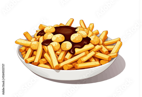 Plate of crispy French fries topped with gravy and cheese curds  