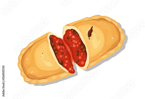 Stuffed pastry with tomato filling cut in half on white background  