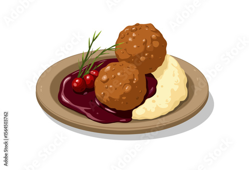 Meatballs served with mashed potatoes and cranberry sauce on plate  