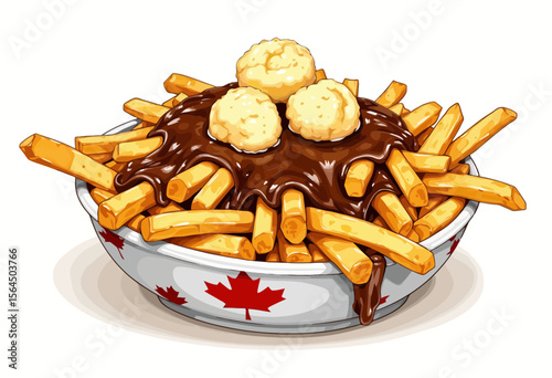 Cartoon plate of poutine with fries, cheese curds and gravy  