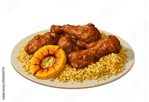 Grilled chicken drumsticks served with rice and grilled pineapple  