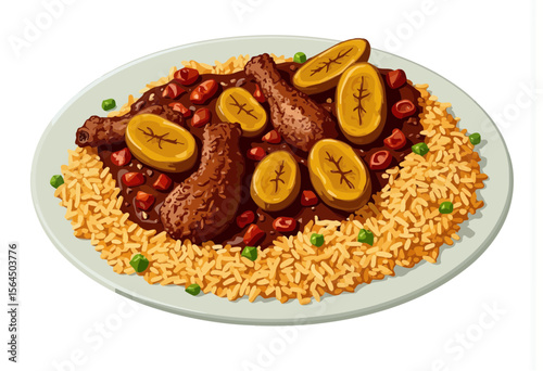 Chicken and rice served with plantains and beans on a white plate  