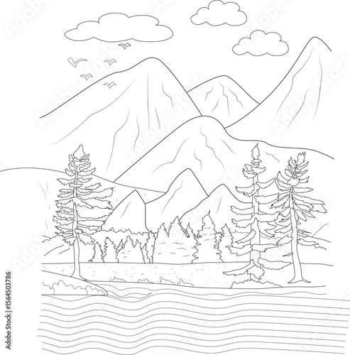 Simple black and white line art of a picturesque mountain scene with forest, lake, clouds, and birds, ideal for coloring pages and designs.