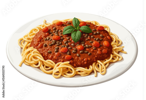Spaghetti with lentil sauce and cherry tomatoes garnished with basil  