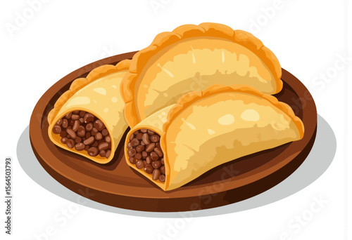 Savory empanadas filled with meat on a wooden plate  