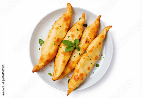 Delicious baked pastries with cheese on a white plate  