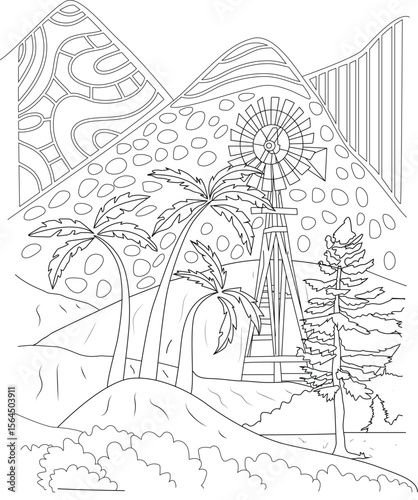 Intricate and Whimsical Landscape Outline Drawing for Coloring. Detailed Black and White Mountain Scene with Windmill, Palm Trees, and Pine, Perfect for Adults and Kids Creative Relaxation Activity.
