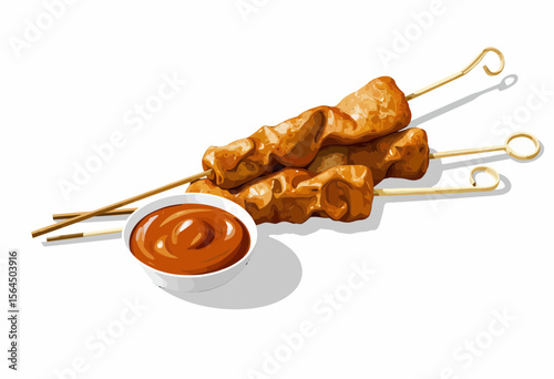 Grilled chicken skewers with peanut sauce on white background  