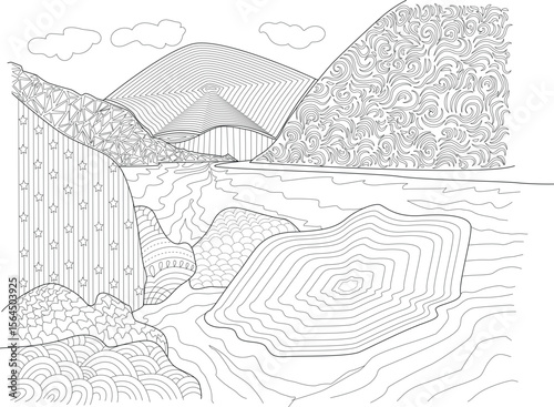 Captivating black and white mountain landscape illustration with abstract patterns and flowing river for coloring and design.