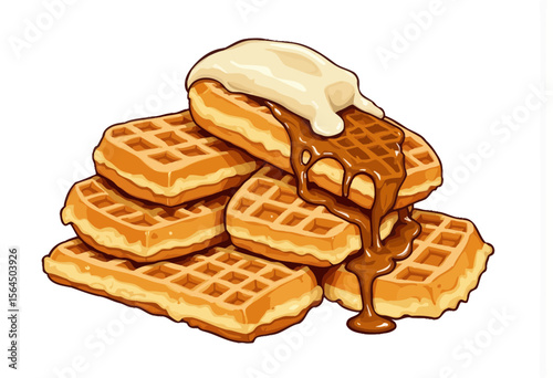 Stack of waffles topped with syrup and butter on white background  