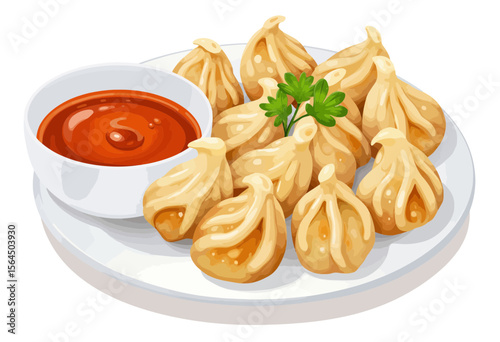 Dumplings served on a plate with dipping sauce and cilantro garnish  