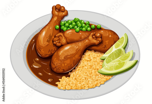 Delicious plate of chicken drumsticks with rice and green peas  