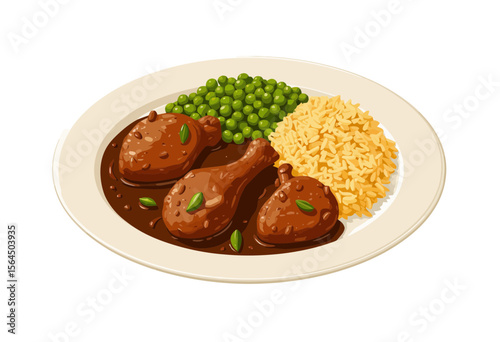 Chicken drumsticks with rice and peas on white plate  