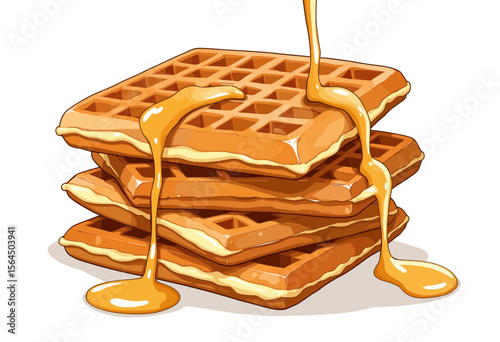 Stack of waffles with syrup dripping on white background  