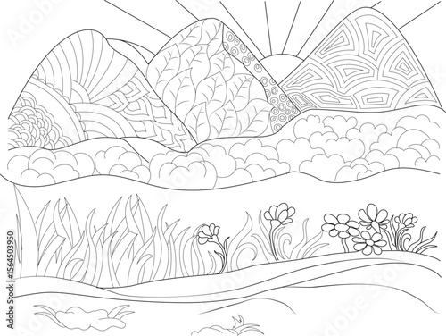 Intricate black and white line art of a tranquil mountain landscape with stylized peaks, fluffy clouds, a radiant sun, lush grass, and blooming flowers, ideal for mindfulness coloring and relaxation.