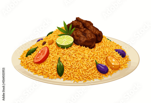 Delicious jollof rice served with chicken and fresh vegetables  