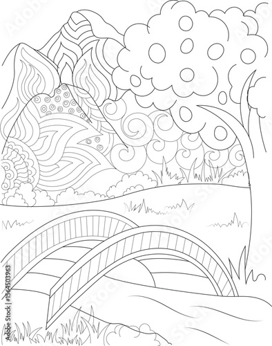 Black and white outline drawing of a beautiful mountain valley with a bridge, trees, and intricate patterns, ideal for coloring therapy.