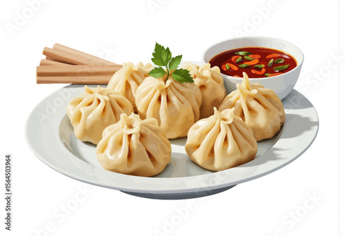 Steamed dumplings with dipping sauce on a white plate  