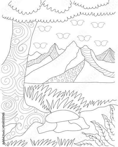 Scenic mountain range and nature elements in a monochrome outline illustration, ideal for tranquil artistic expression.