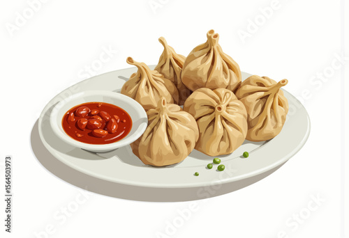 Dumplings served on a plate with spicy dipping sauce  