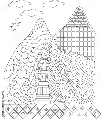 Whimsical Mountain Range Outline Art with Unique Patterns and Clouds, Perfect for Kids and Adults Coloring Activities, Digital Designs.