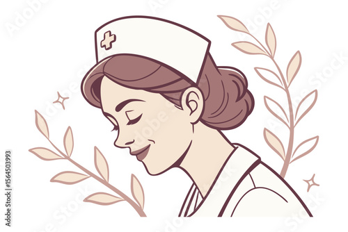 Gentle nurse with closed eyes and a soft smile adorned with a classic cap and surrounded by delicate floral branches in a vintage illustration style