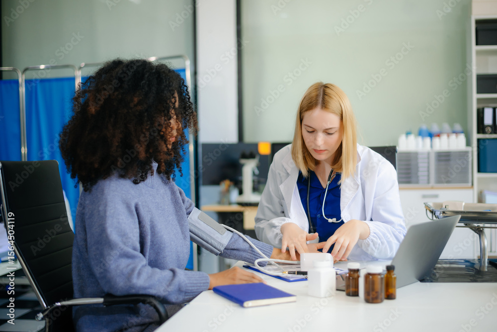 Fototapeta premium Professional healthcare scene featuring a doctor performing a patient checkup in a clinical setting