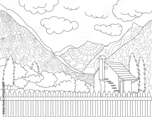 Zentangle Style Mountain Landscape with House, Trees, and Fence. Black and White Line Art for Adult Coloring Books.