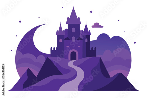 A majestic purple castle sits atop rolling hills under a crescent moon, a path leading to its entrance.