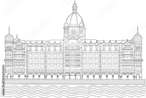 Detailed line art illustration of the majestic Taj Mahal Palace Hotel in Mumbai, India, an iconic landmark and historic luxury hotel, perfect for travel, architecture, and cultural designs.