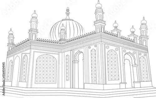 Haji Ali Dargah architectural line drawing. Famous Mumbai mosque outline for coloring, education, or design projects, showcasing Indian Islamic heritage.