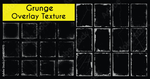Dark grunge overlay texture frame set vector. Distressed black border collection with vintage scratch effects for retro background and design use.
