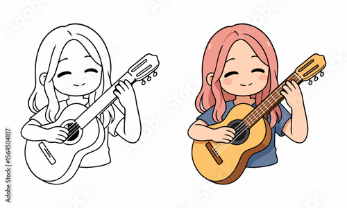 woman playing acoustic guitar coloring page for kids