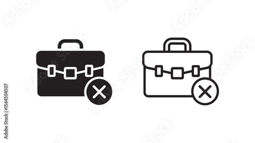 Vector Two icons of a briefcase with a red cross symbol indicating a problem or error. Outline and Solid Vector Icons