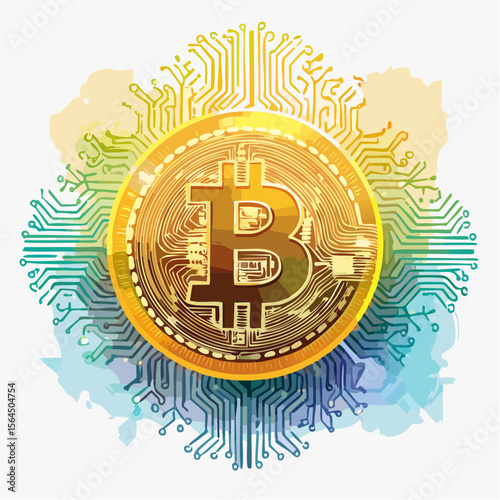 虹色の回路に繋がった仮想通貨のビットコイン