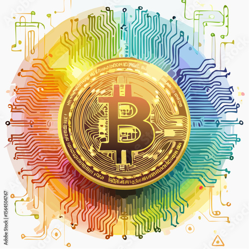 虹色の回路に繋がった仮想通貨のビットコイン
