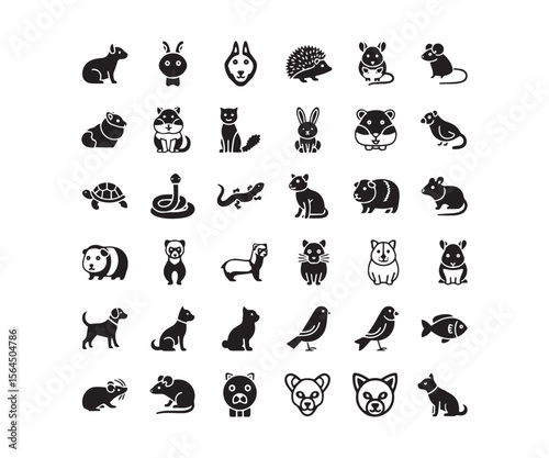 Black Silhouette Pet Animal Icons: Cute Mammals & Birds Vector Set