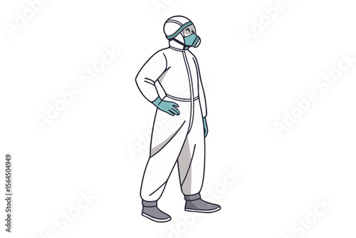 Person in full protective hazmat suit with respirator and gloves standing confidently with hand on hip
