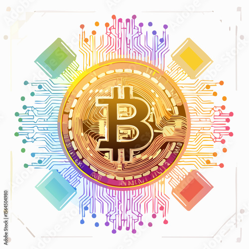 虹色の回路に繋がった仮想通貨のビットコイン