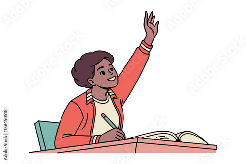 Enthusiastic student with dark curly hair raises hand to answer question while sitting at a desk with a book and pencil