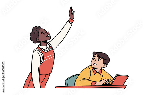 Enthusiastic student raises hand to answer question while another student works on a laptop in a classroom setting
