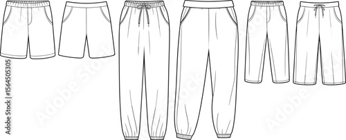 Jogger Sweatpants and Shorts Collection CAD Technical Flat Vector Sketch with Drawstring Waist Pocket Hem Detail Fashion Garment Design Template Illustration