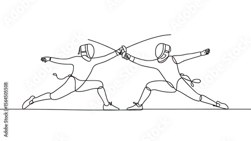 Two fencers engaged in a duel captured in a minimalist line drawing