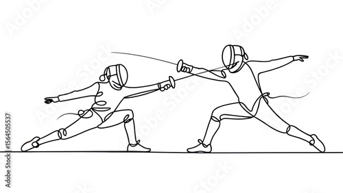 Dynamic one line drawing of two fencers in combat pose